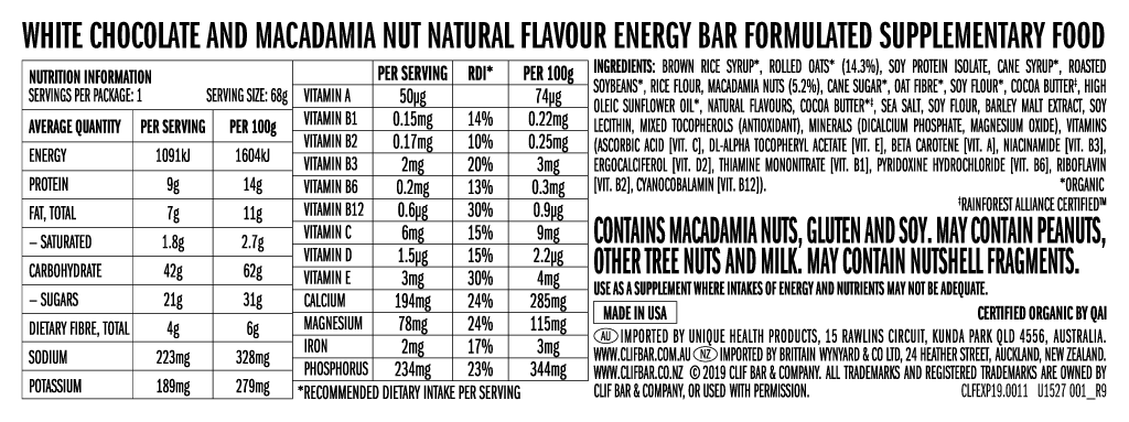 Clif Bars - White Choc Macadamia CLEARANCE